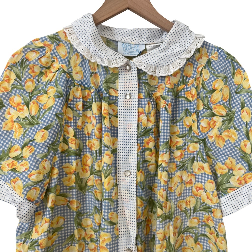 Ashley Taylor Floral Gingham Pearl Snap House Dress Blue Yellow Large Vintage